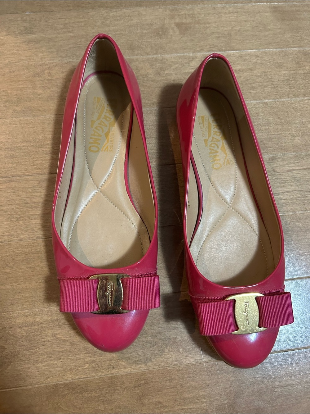Salvatore Ferragamo Pink Patent Varina Bow Flats with Gold Logo